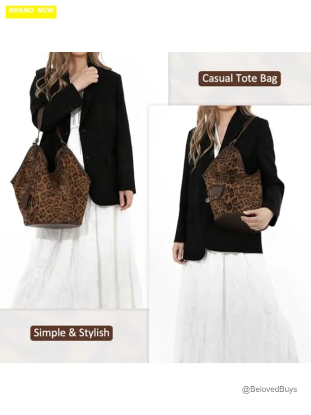 Faux Suede Leather Leopard Tote Bag for Women Large Capacity Hobo Purse with - Picture 2 of 7